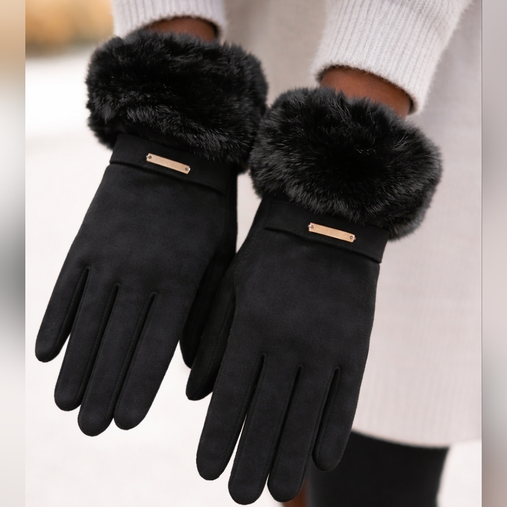 Women’s Black Faux Suede Gloves Faux Fur Cuff Touchscreen